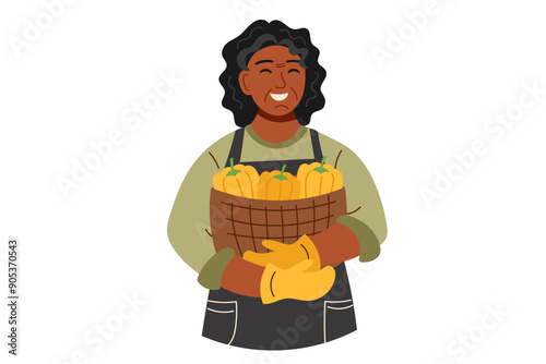Harvest festival. Happy harvest poster. Autumn, harvest and Thanksgiving concept. Woman with basket of peppers isolated on white.