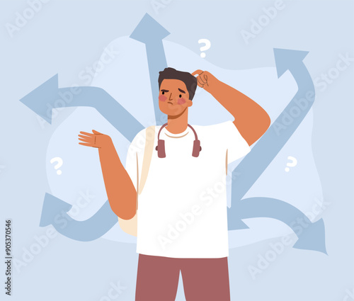 Puzzled diverse man thinking of dilemma and choosing the path. Uuncertainty concept. Hand-drawn vector illustration.