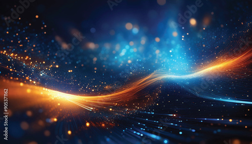 Glowing abstract digital background featuring a stream of orange and blue particles and light.