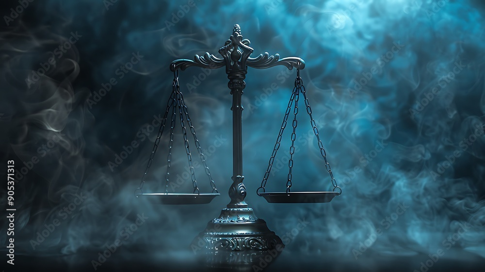 Blue conventional balance scale with a smoky background