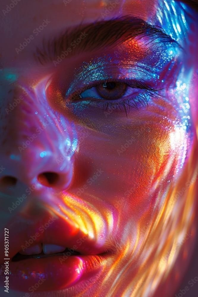 Colorful Light Reflections on Woman's Face Colorful Light Reflections on Woman's Face