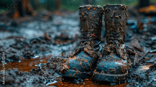 This image prominently features a pair of boots heavily caked with mud in a rain-soaked setting, symbolizing harsh outdoor conditions and rugged footwear reliability.