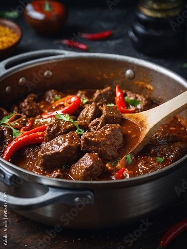 Pan filled with close-up view of spicy beef stem