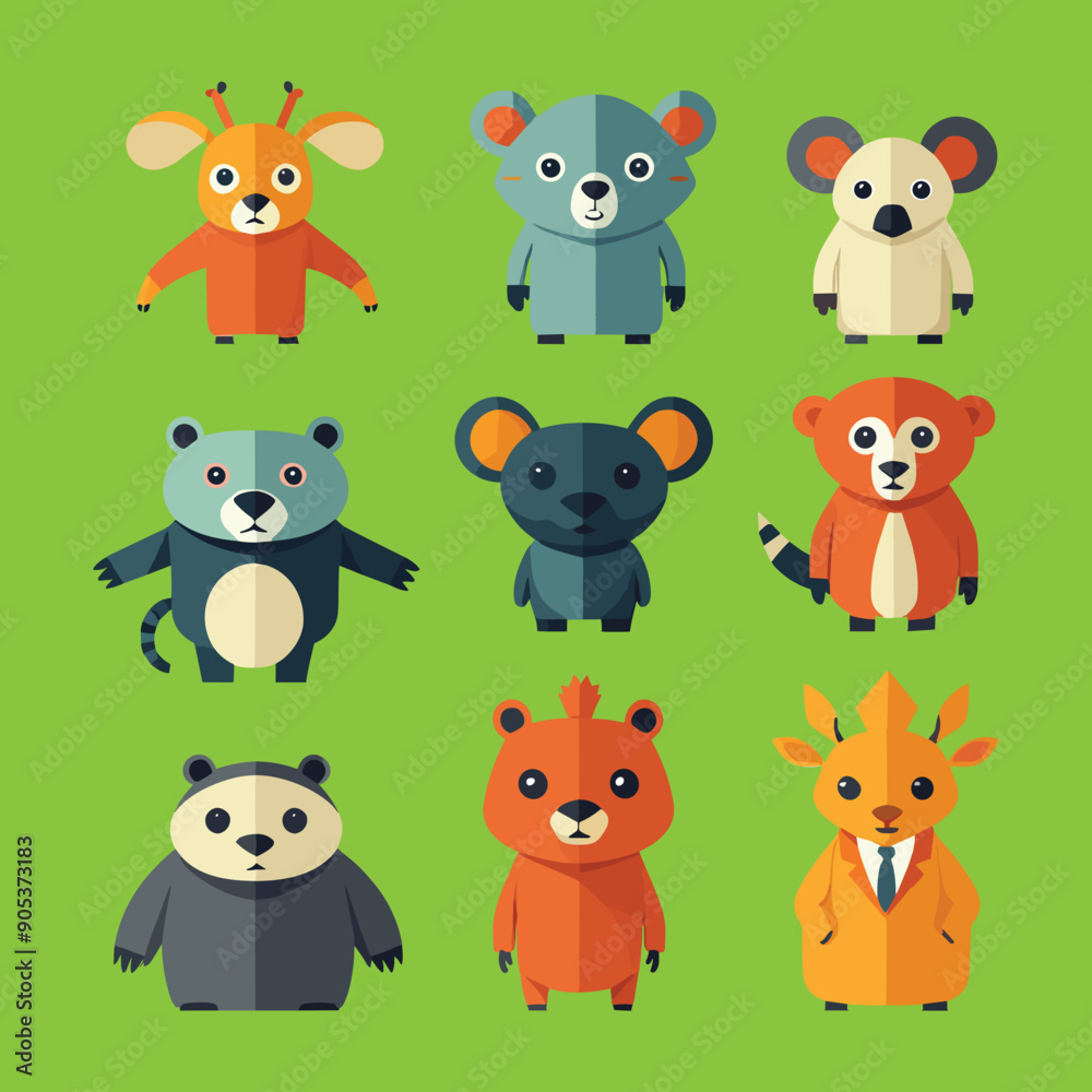 Obraz premium Set of cute anthropomorphic animal characters isolated on green background. Koala, monkey and giraffe design perfect for children's illustrations 