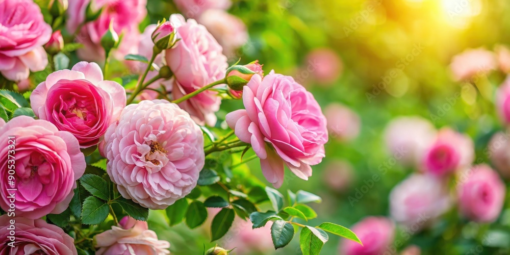 Close up of a blooming rose bush with delicate pink flower heads, floral, garden, nature, petals, botanical, blossom, plant, beauty Close up of a blooming rose bush with delicate pink flower heads, floral, garden, nature, petals, botanical, blossom, plant, beauty