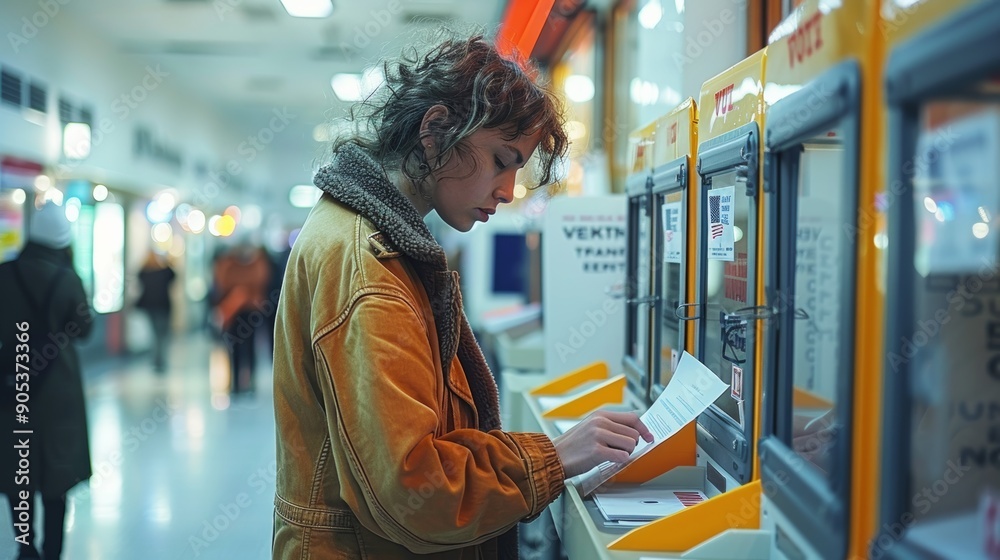 Young Person Using Ticket Machine in Busy Train Station During Evening Hours. Generative AI Young Person Using Ticket Machine in Busy Train Station During Evening Hours. Generative AI