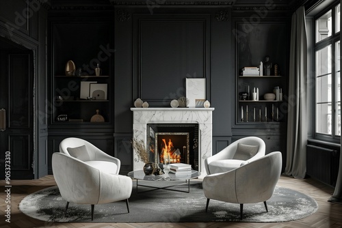 White sofa and chairs against a black wall and fireplace art deco French country home interior design of a modern living room photo