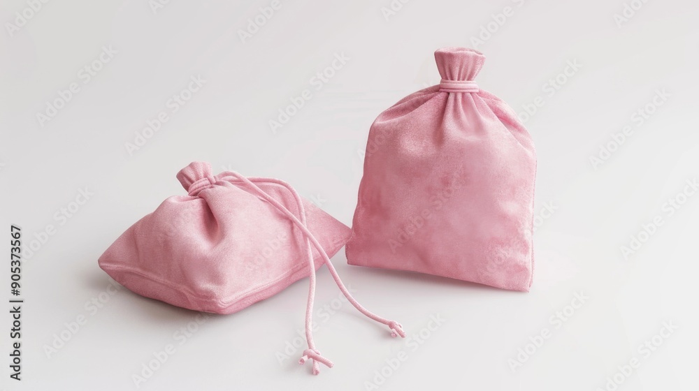 Elegant Pink Drawstring Pouches on White Surface Elegant Pink Drawstring Pouches on White Surface