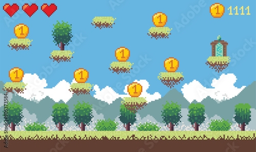 Pixel art game background. Retro 8 bit video game interface. Old compute pixel art. Banner of pixel-game. Vector cartoon illustration