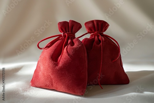 Red Velvet Drawstring Pouches on a White Background photo