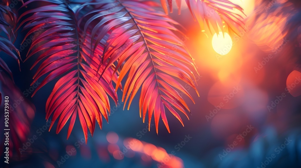 Lush Tropical Palm Leaves Against Vibrant Sunset Sky in Exotic Paradise Scenery Lush Tropical Palm Leaves Against Vibrant Sunset Sky in Exotic Paradise Scenery