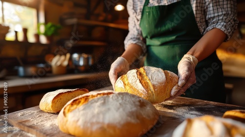 Baker in an apron holding freshly baked bread in a rustic kitchen with sunlight streaming through the window; other loaves are on the wooden table. photo