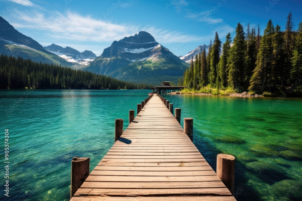 Fototapeta premium Beautiful Turquoise Lake with Wooden Dock and Mountains in Glacier National Park, British Columbia Vibrant Clear Blue Sky, Sunlight Reflecting on Water