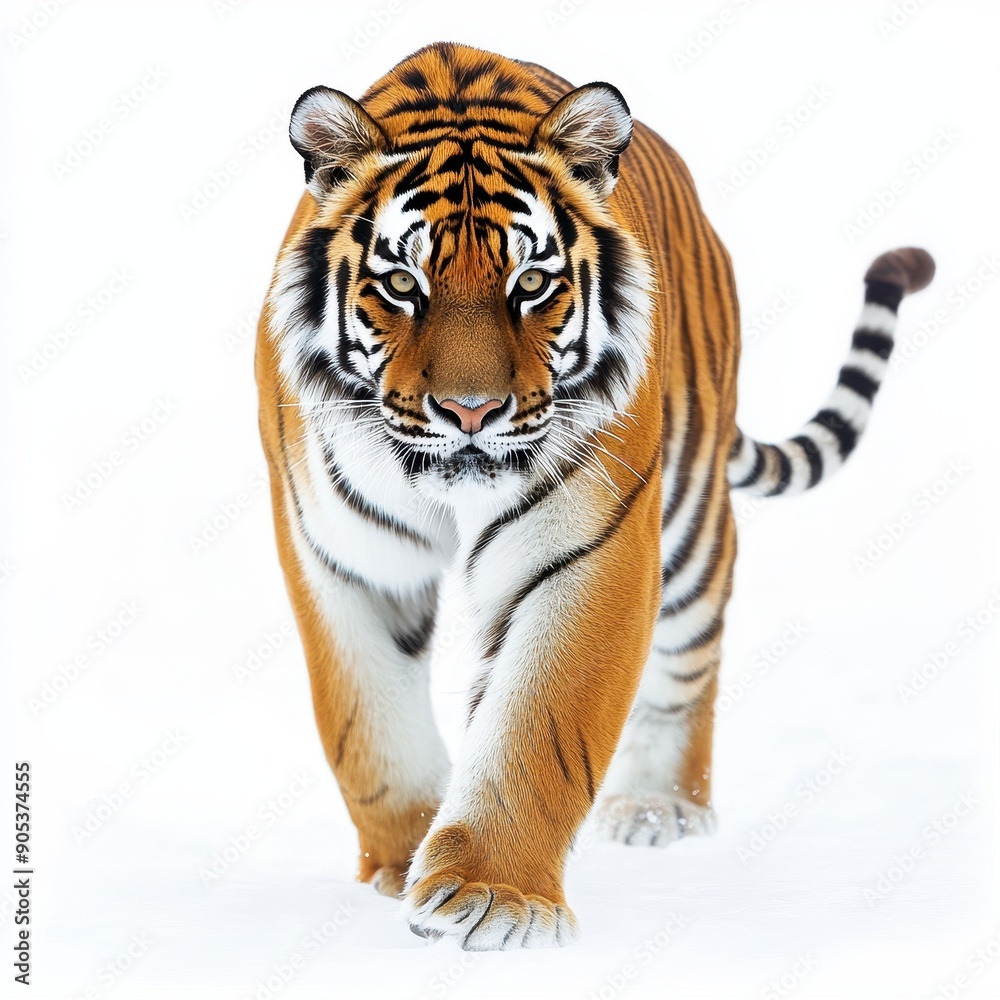 Naklejka premium Siberian Tiger Walking Gracefully on White Background in Winter Setting
