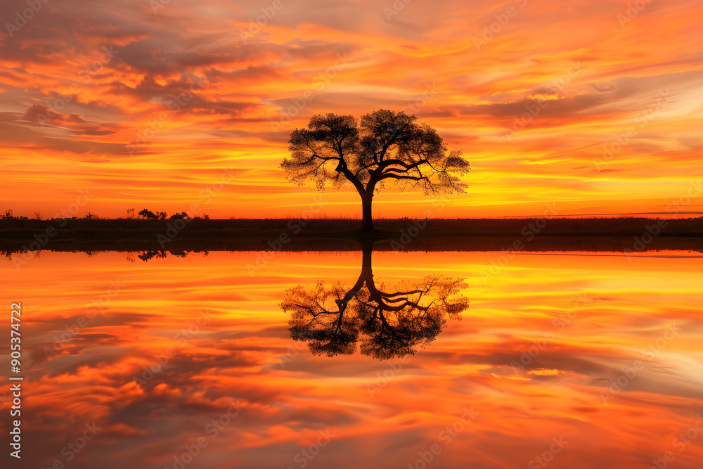 Tranquil Sunset Silhouette and Orange Sky Reflections Tranquil Sunset Silhouette and Orange Sky Reflections