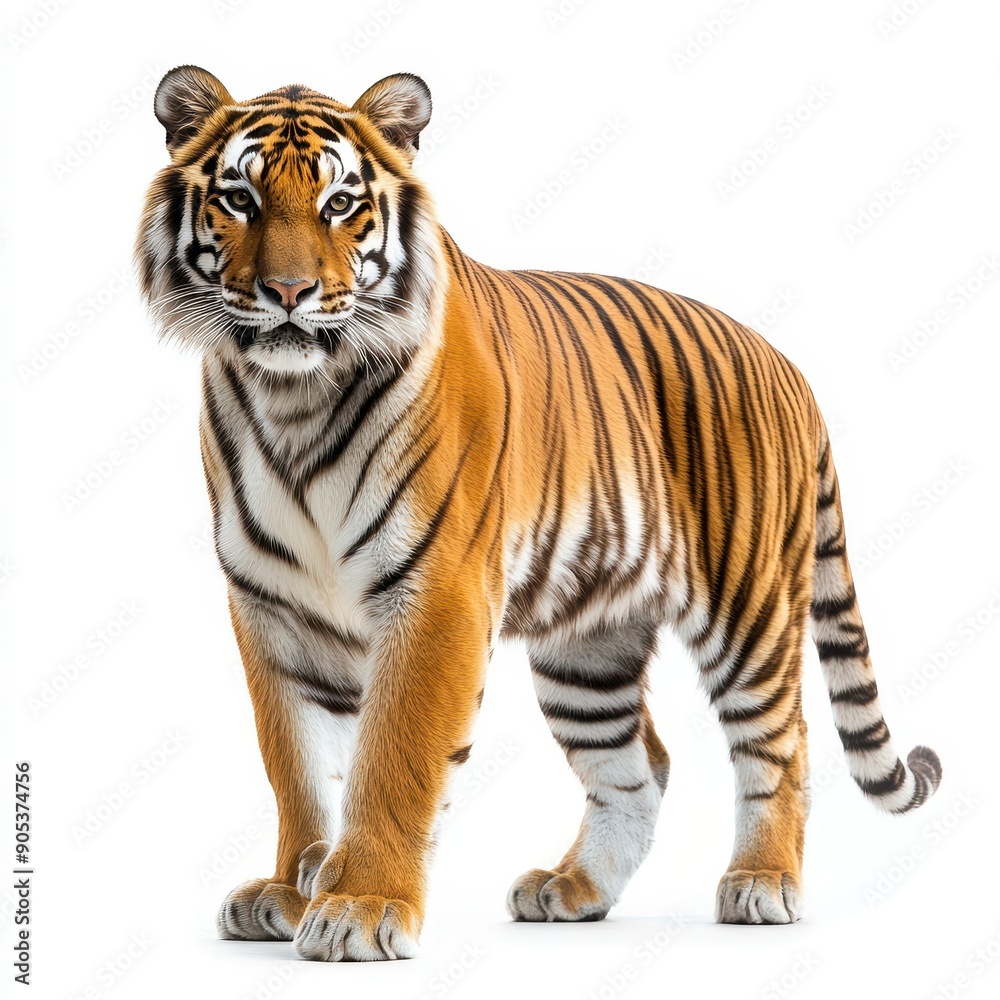Siberian Tiger Standing Gracefully Against White Background Siberian Tiger Standing Gracefully Against White Background