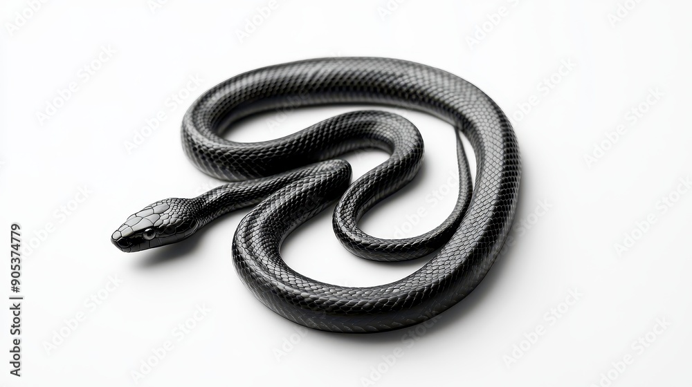 Black Snake Isolated on White Background Displaying Curved Body Position Black Snake Isolated on White Background Displaying Curved Body Position