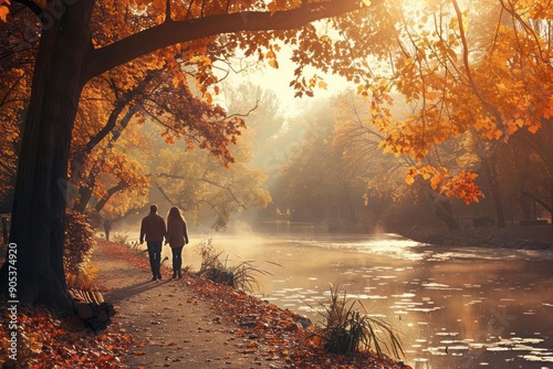 A serene autumn park with a couple walking on a path covered in leaves