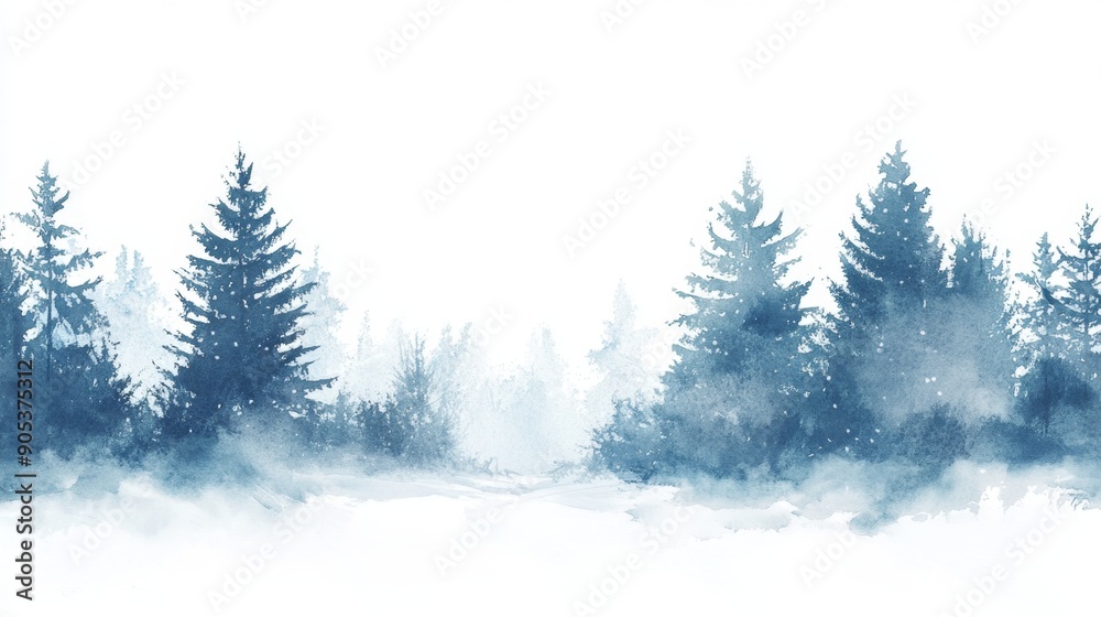 Fototapeta premium Winter Forest Watercolor Illustration in Serene Blue Tones