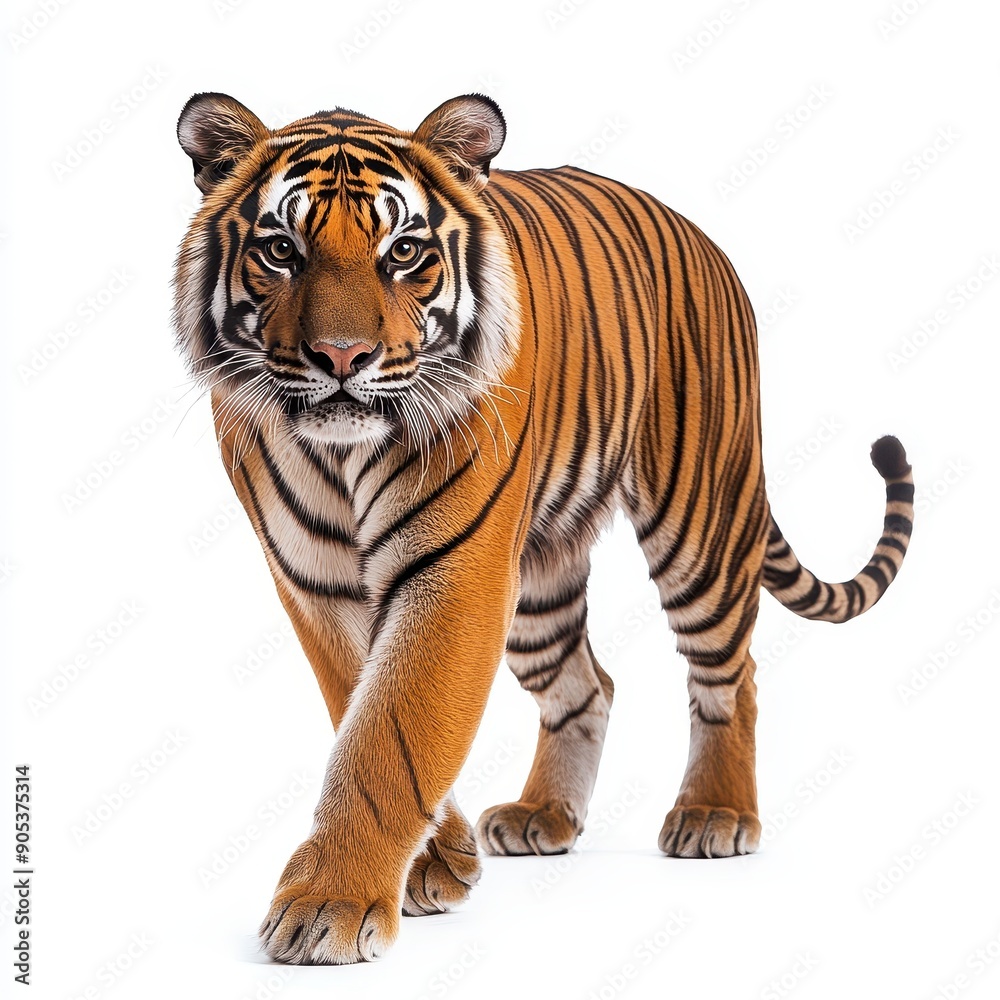 Naklejka premium Sumatran Tiger Walking Gracefully on White Background