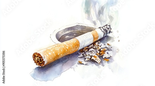 Watercolor Painting of a Cigarette with Smoke. The Great American Smokeout photo