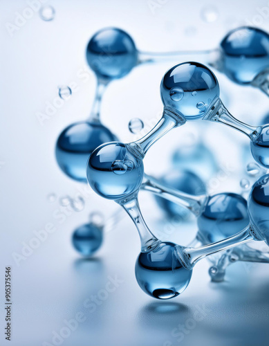 Abstract macro view of pure water molecule, crystalline blue spheres and delicate. photo