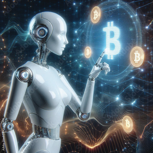 A robot with a human-like index finger touching a Bitcoin coin displays information related to financial development, planning, investing, numbers, graphs and circuit boards.