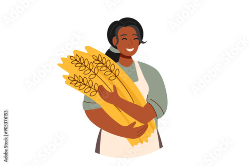 Harvest festival. Happy harvest poster. Autumn, harvest and Thanksgiving concept. Bread concept. Woman with wheat isolated on white.