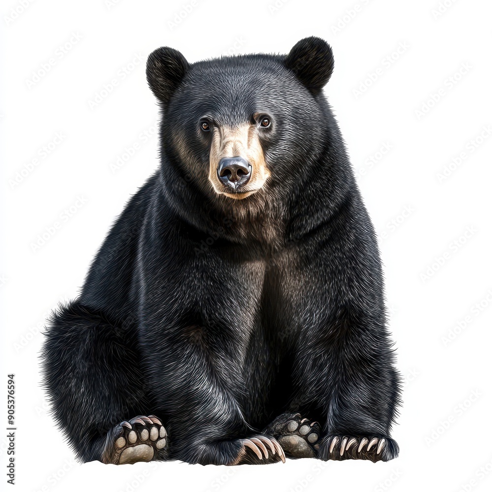 Fototapeta premium Asiatic Black Bear Sitting Calmly Against White Background