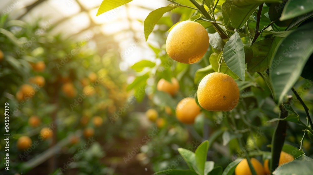 Fresh, ripe oranges hang from lush green branches inside a greenhouse, illuminated by soft morning light. Fresh, ripe oranges hang from lush green branches inside a greenhouse, illuminated by soft morning light.
