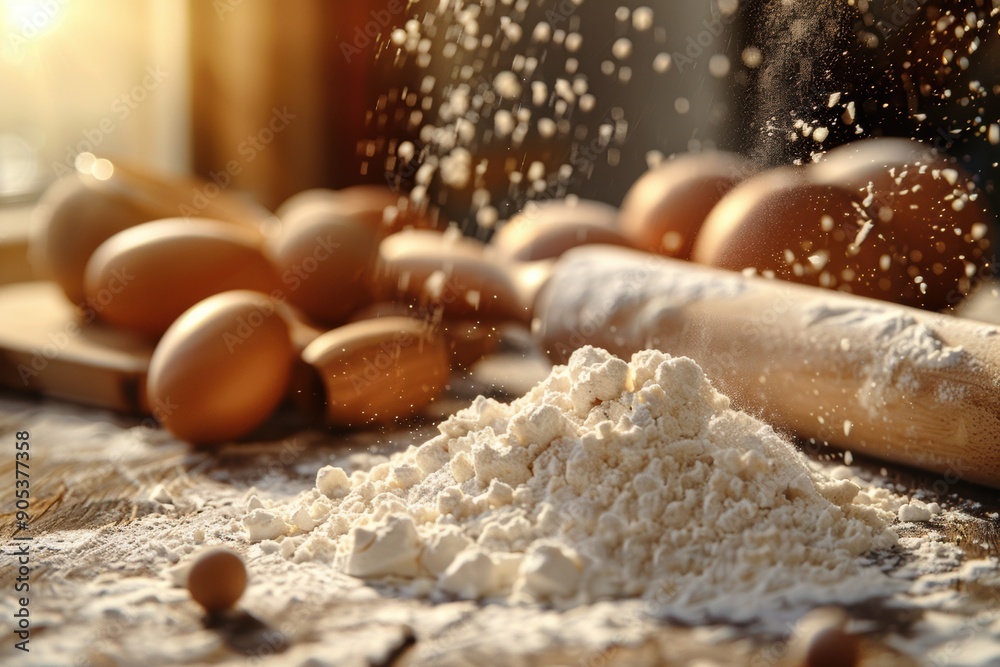 Baking Essentials: Flour, Rolling Pin, and Eggs with Silhouette Baking Essentials: Flour, Rolling Pin, and Eggs with Silhouette