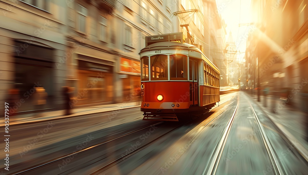 Photorealistic Depiction of Empty Tram Moving Through Historic City Center Photorealistic Depiction of Empty Tram Moving Through Historic City Center