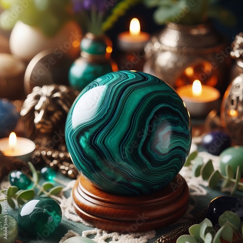 148 36 Malachite Sphere a polished sphere made of malachite beli photo