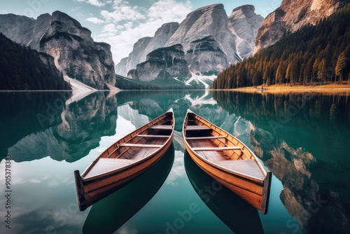 Serene Morning at Braies Lake With Boats Floating in Dolomites Mountains