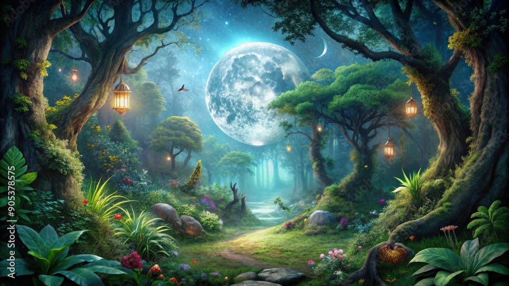 Enchanted moonlit forest with mystical creatures and lush vegetation ...
