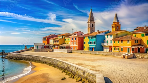 Fototapeta Naklejka Na Ścianę i Meble -  Beautiful Caorle town with colorful buildings, cobblestone streets, and sandy beach in Italy during summer