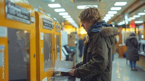 Engaged Young Person Using Ticket Machine in Busy Transportation Hub During Early Evening. Generative AI