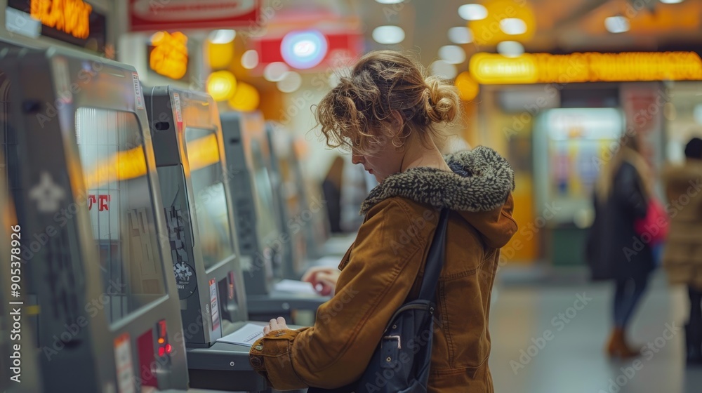 Young Woman at Train Station Ticket Machines in Busy Urban Environment During Evening Hours. Generative AI Young Woman at Train Station Ticket Machines in Busy Urban Environment During Evening Hours. Generative AI