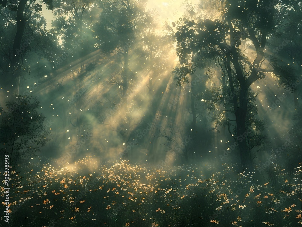 Obraz premium Enchanting Whimsical Fairytale Forest with Glowing Sun Rays Streaming Through Lush Foliage