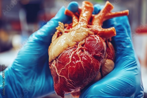 Human Heart Held by Gloved Hands in Laboratory photo