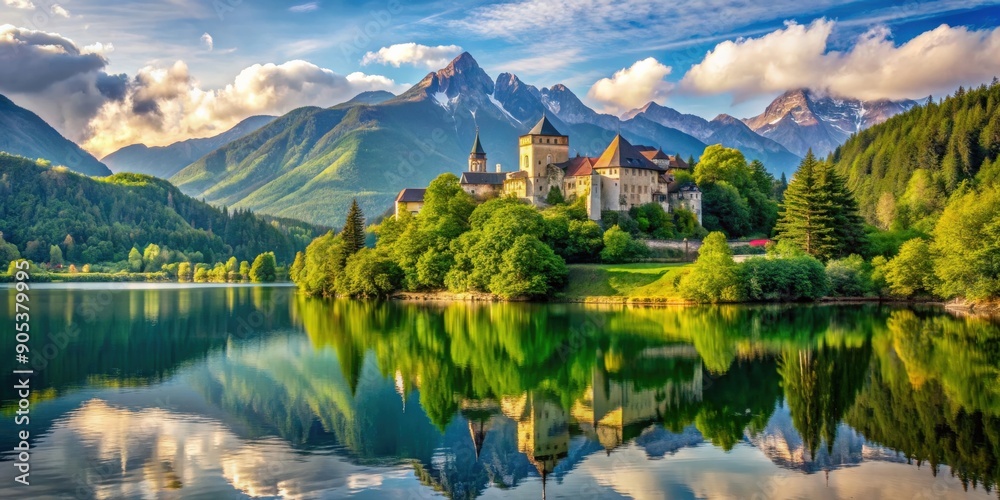 Fototapeta premium Medieval castle by a tranquil lake surrounded by lush greenery, with majestic mountains in the background, castle, Medieval