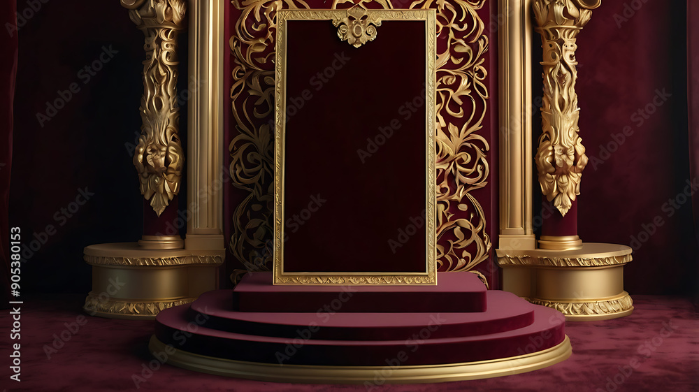 A product display podium mockup with a rich velvet background in deep burgundy. A product display podium mockup with a rich velvet background in deep burgundy.