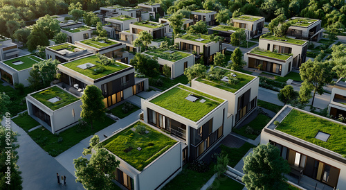 3D Rendering of Modern Townhouses with Green Roofs, Offering a Sustainable Living Solution with Eco-Friendly Architecture and Urban Green Spaces