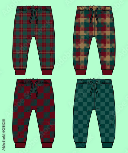 Boys Christmas terry fleece stripe cuff jogger flat sketch outline vector fashion illustration template.