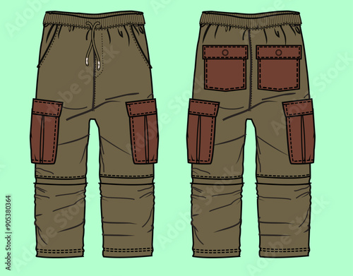 Boys olive colour twill relaxed fit cargo pants with contrast pockets flat sketch outline vector fashion illustration template.