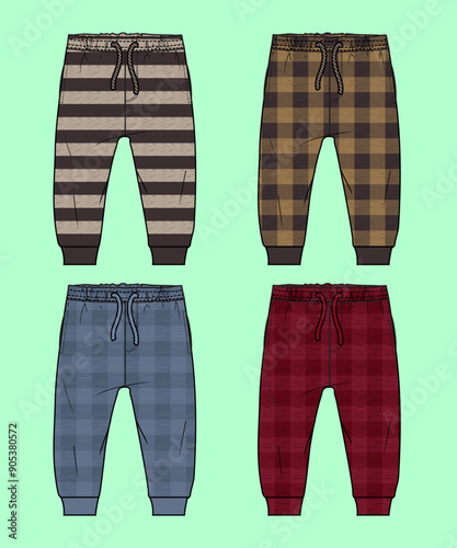 Boys winter christmas terry fleece stripe cuff jogger flat sketch outline vector fashion illustration template.