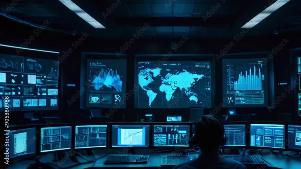 A room with many large screens showing data and graphs. There's a person sitting in front of them. A room with many large screens showing data and graphs. There's a person sitting in front of them.