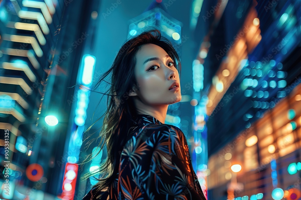 beautiful asian woman standing in modern glowing city at night, looking at the camera beautiful asian woman standing in modern glowing city at night, looking at the camera