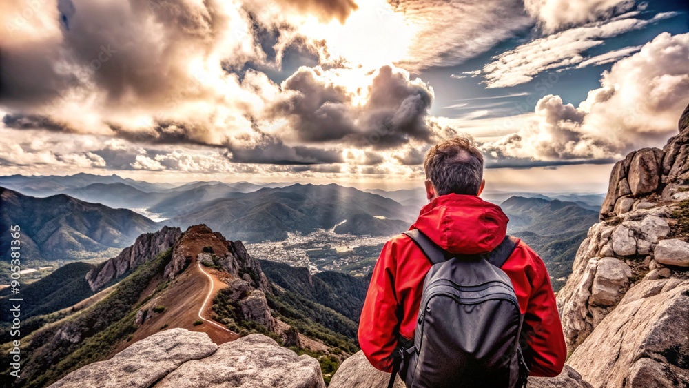 View from the top of the mountain, beautiful mountain landscape, mountain vegetation, forest, beautiful clouds, sunlight, mountain plain in the distance View from the top of the mountain, beautiful mountain landscape, mountain vegetation, forest, beautiful clouds, sunlight, mountain plain in the distance