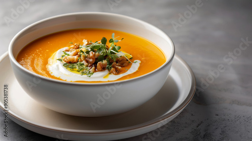 Wallpaper Mural Close-up of a tasty pumpkin cream soup served on a table Torontodigital.ca